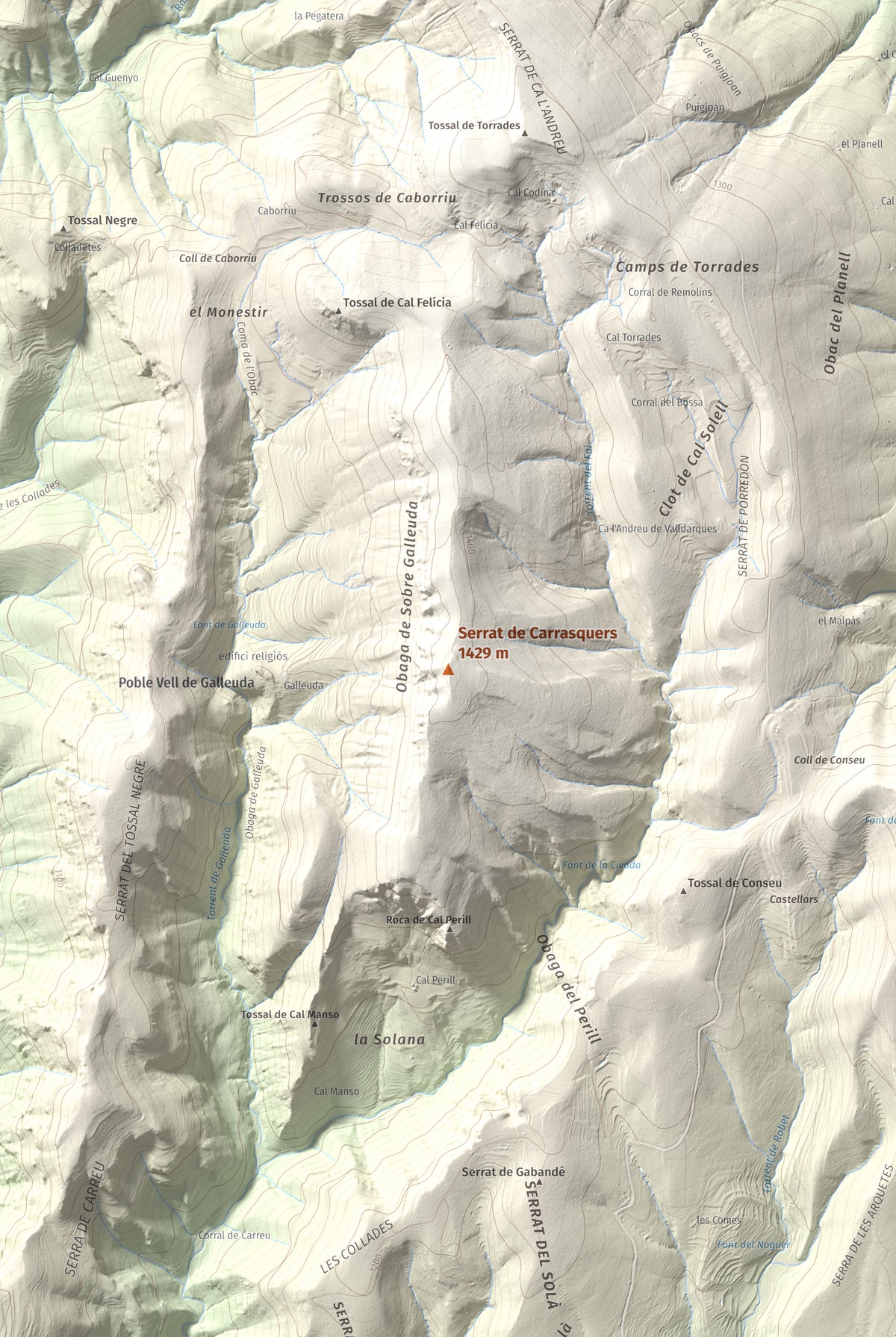 Mapa de relieve de Serrat de Carrasquers, 1429 m, Alt Urgell, lámina 100 Cims de Trobart. Detalle de la zona central. 61 × 91 cm.