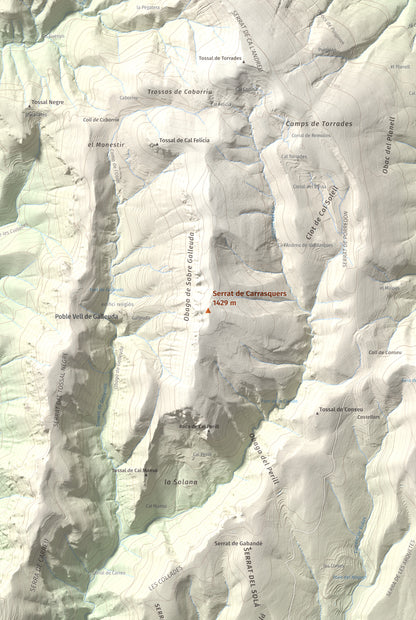 Mapa de relieve de Serrat de Carrasquers, 1429 m, Alt Urgell, lámina 100 Cims de Trobart. Detalle de la zona central. 61 × 91 cm.