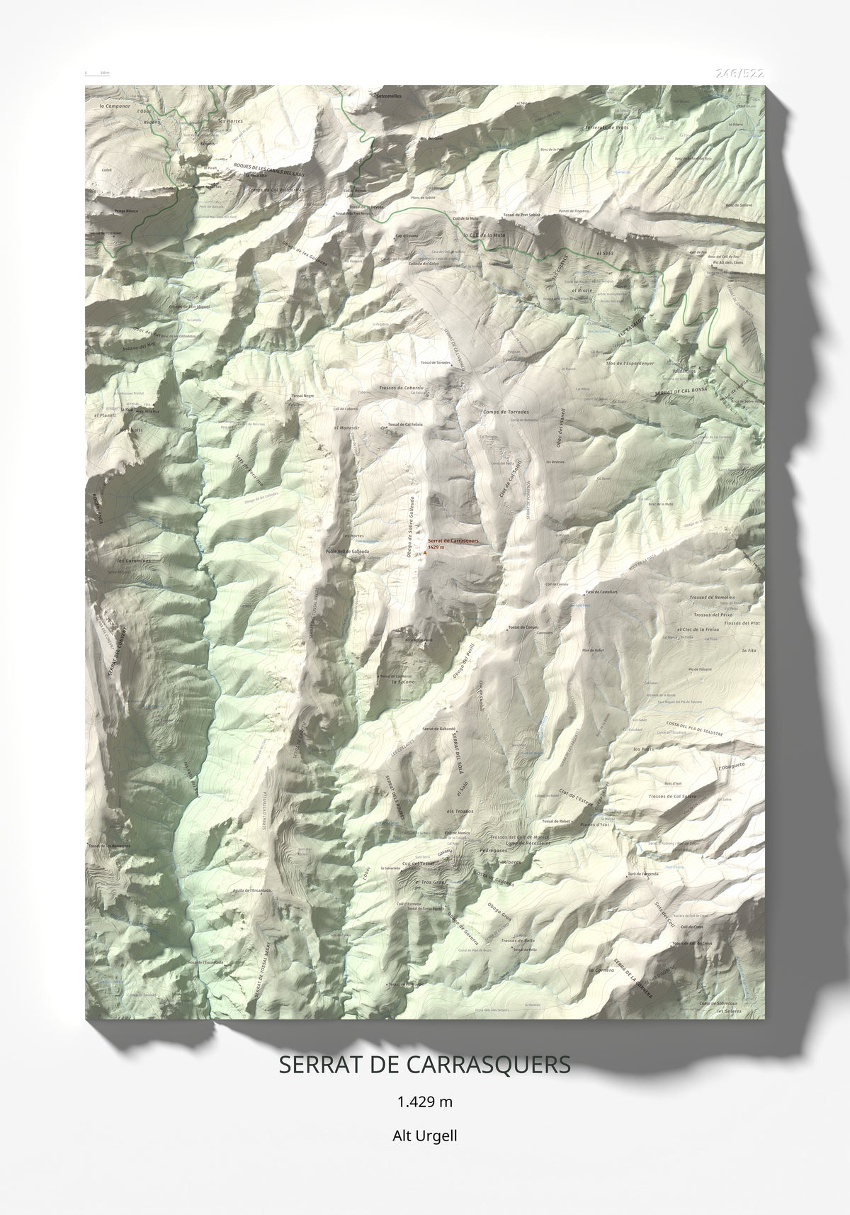 Mapa de relieve de Serrat de Carrasquers, 1429 m, Alt Urgell, lámina 100 Cims de Trobart 70 × 100 cm.