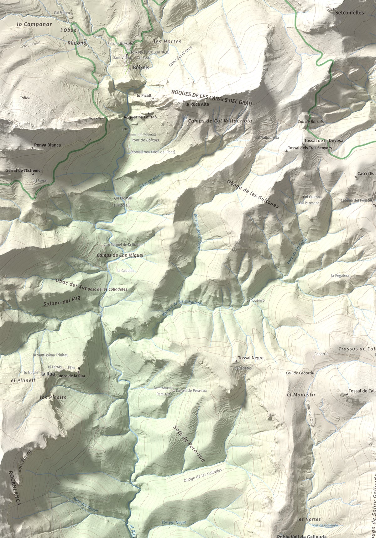 Mapa de relieve de Serrat de Carrasquers, 1429 m, Alt Urgell, lámina 100 Cims de Trobart. Detalle de la zona superior izquierda. 70 × 100 cm.