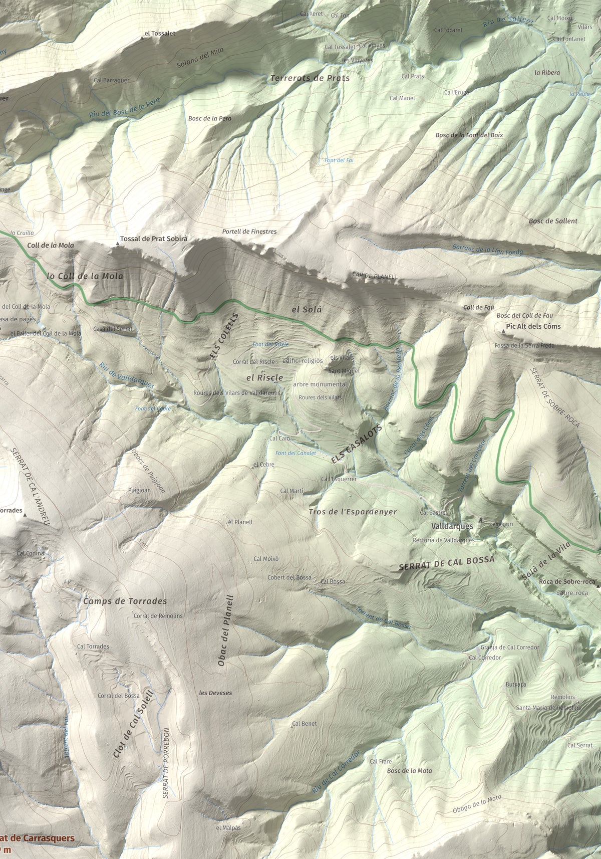 Mapa de relieve de Serrat de Carrasquers, 1429 m, Alt Urgell, lámina 100 Cims de Trobart. Detalle de la zona superior derecha. 70 × 100 cm.