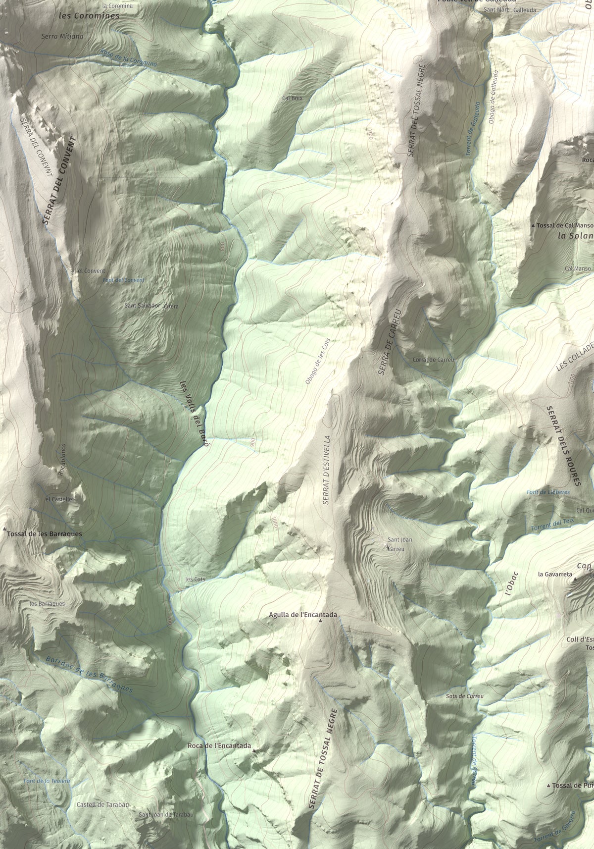 Mapa de relieve de Serrat de Carrasquers, 1429 m, Alt Urgell, lámina 100 Cims de Trobart. Detalle de la zona inferior izquierda. 70 × 100 cm.