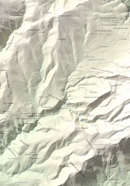 Mapa de relieve de Serrat de Carrasquers, 1429 m, Alt Urgell, lámina 100 Cims de Trobart. Detalle de la zona inferior derecha. 70 × 100 cm.