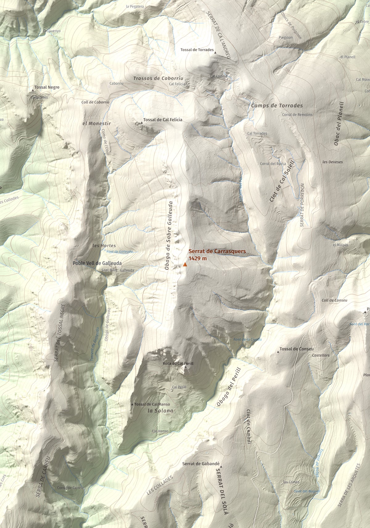 Mapa de relieve de Serrat de Carrasquers, 1429 m, Alt Urgell, lámina 100 Cims de Trobart. Detalle de la zona central. 70 × 100 cm.