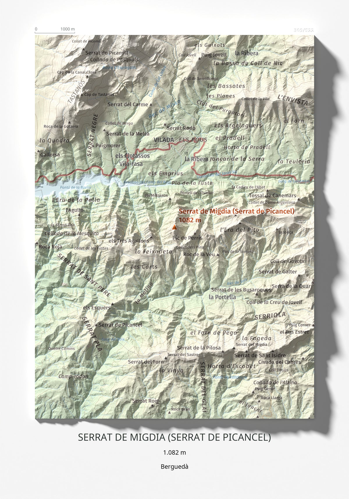 Mapa de relieve de Serrat de Migdia (Serrat de Picancel), 1082 m, Berguedà, lámina 100 Cims de Trobart 21 × 30 cm.