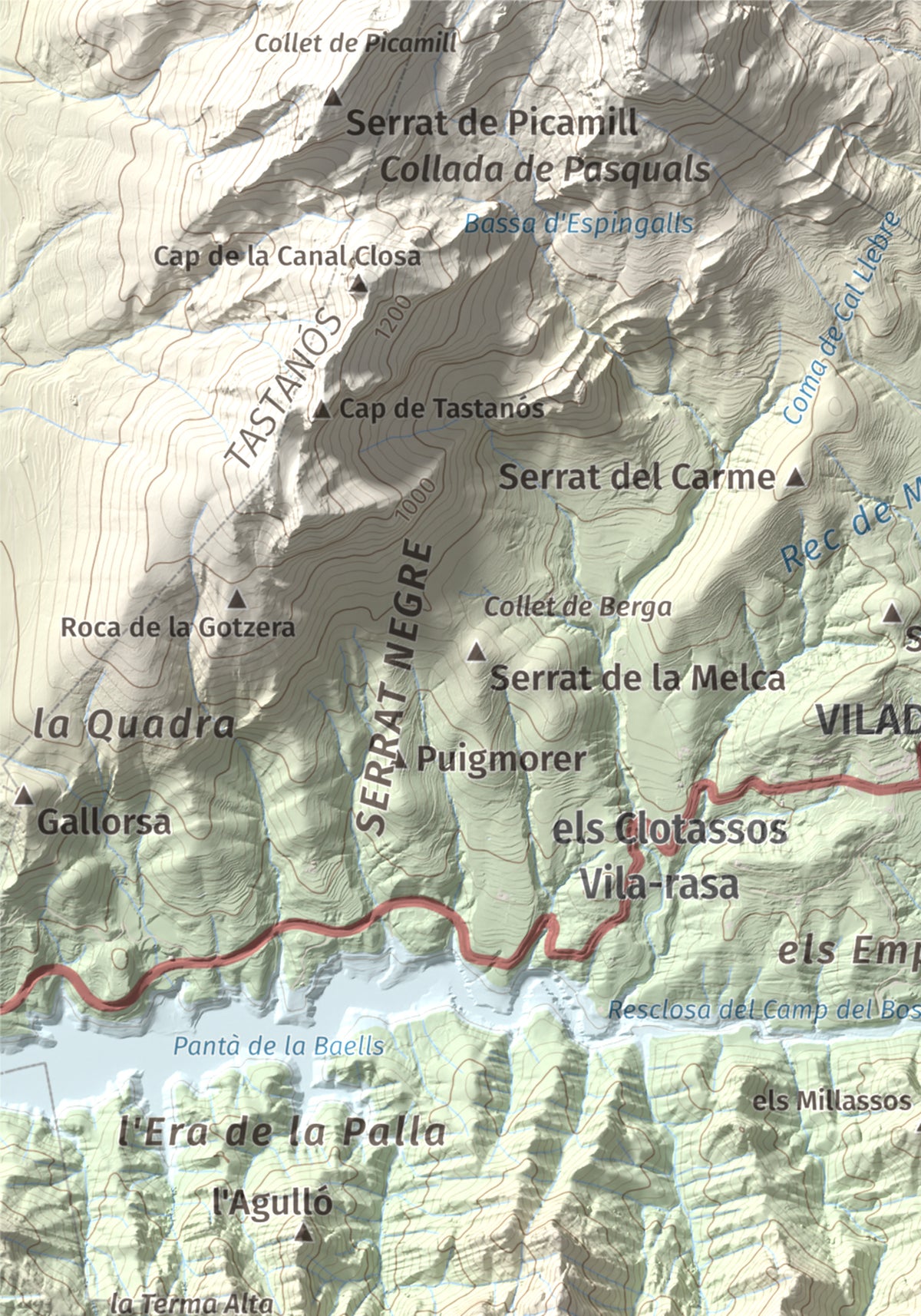 Mapa de relieve de Serrat de Migdia (Serrat de Picancel), 1082 m, Berguedà, lámina 100 Cims de Trobart. Detalle de la zona superior izquierda. 21 × 30 cm.