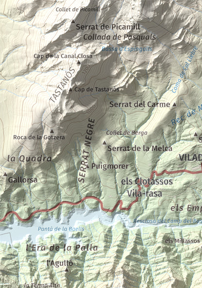 Mapa de relieve de Serrat de Migdia (Serrat de Picancel), 1082 m, Berguedà, lámina 100 Cims de Trobart. Detalle de la zona superior izquierda. 21 × 30 cm.