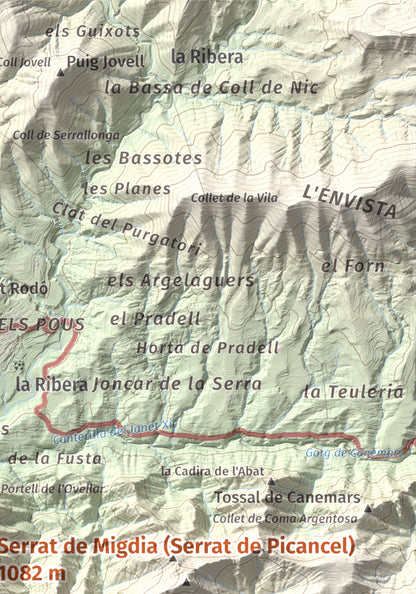 Mapa de relieve de Serrat de Migdia (Serrat de Picancel), 1082 m, Berguedà, lámina 100 Cims de Trobart. Detalle de la zona superior derecha. 21 × 30 cm.