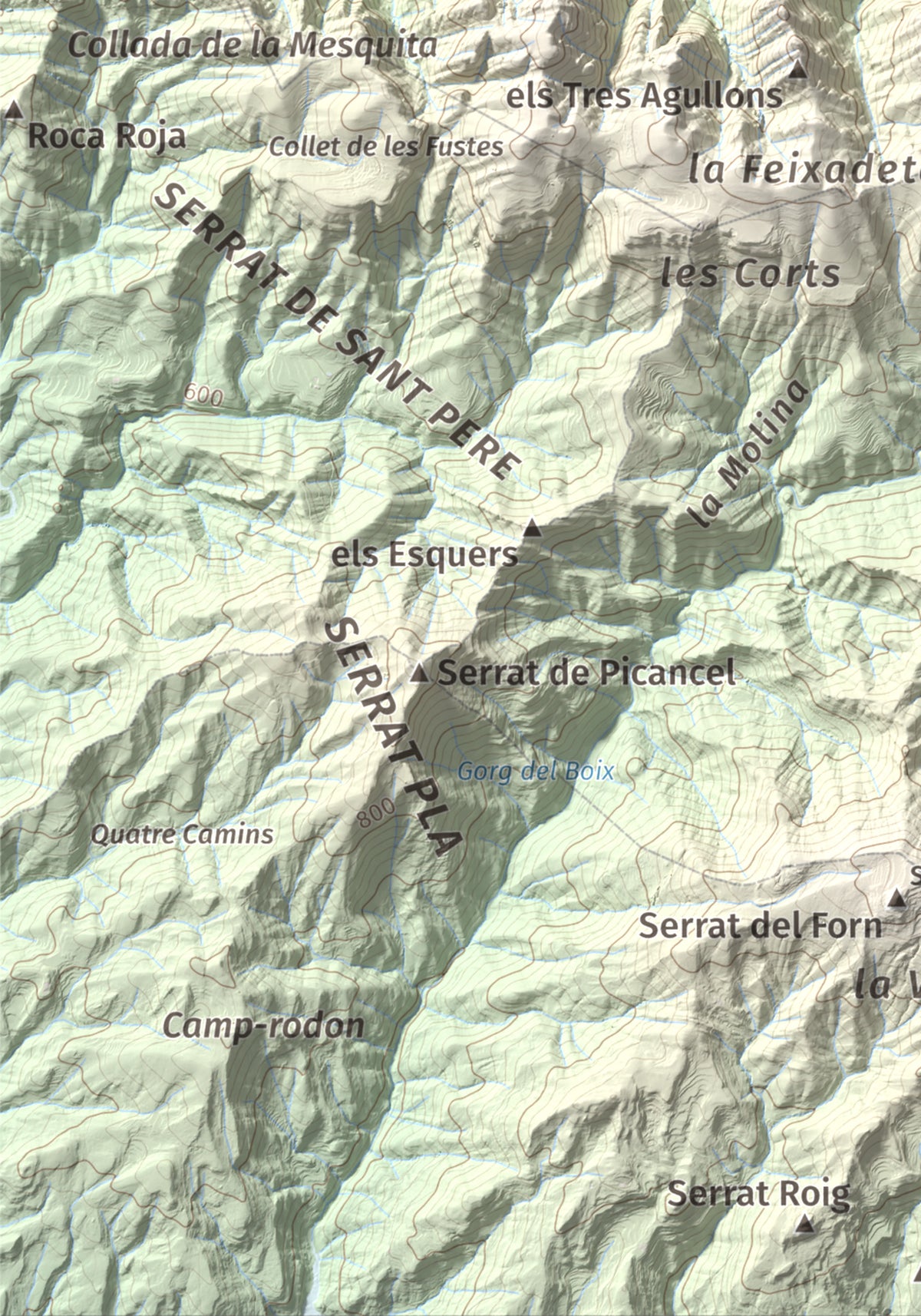 Mapa de relieve de Serrat de Migdia (Serrat de Picancel), 1082 m, Berguedà, lámina 100 Cims de Trobart. Detalle de la zona inferior izquierda. 21 × 30 cm.