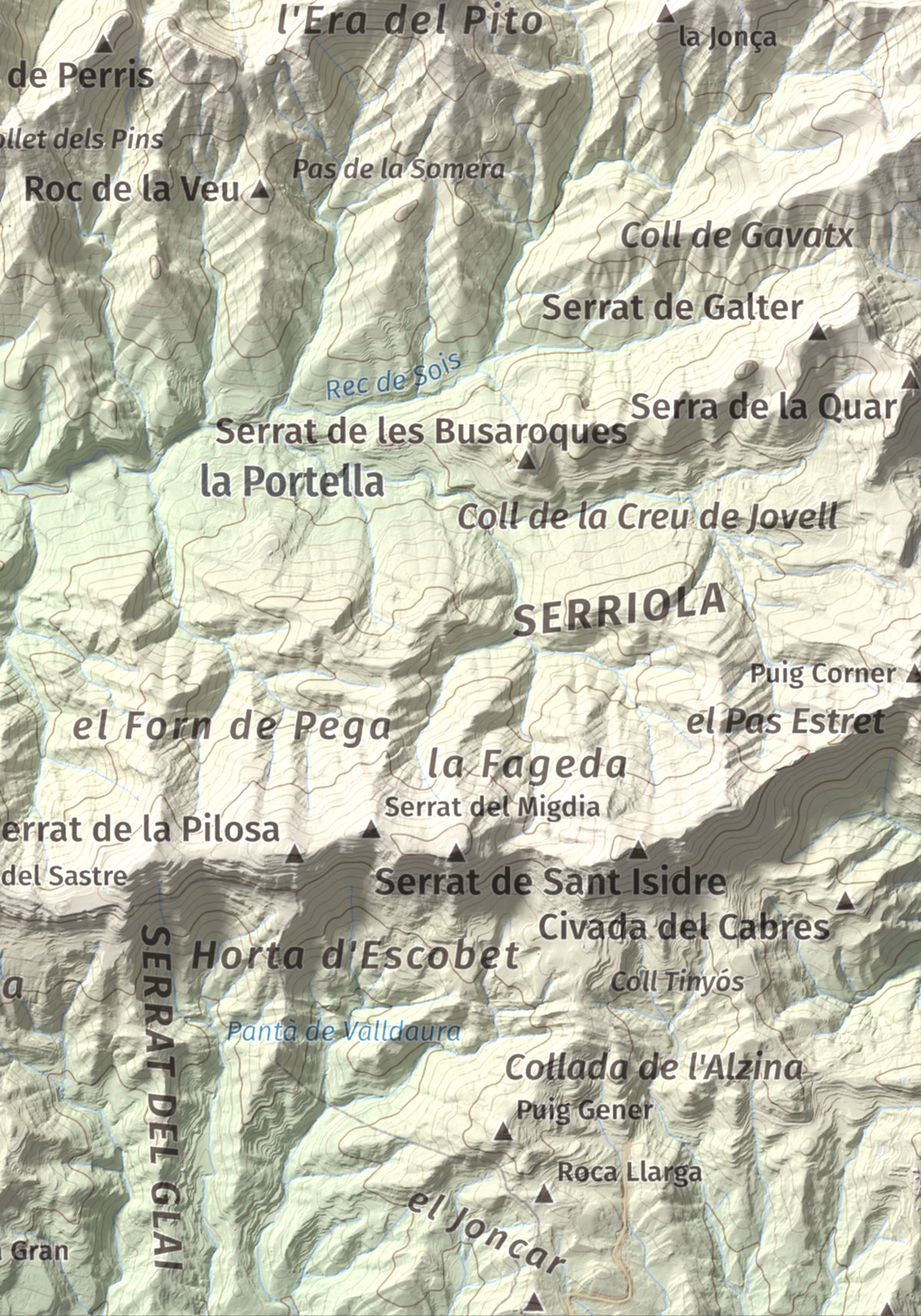 Mapa de relieve de Serrat de Migdia (Serrat de Picancel), 1082 m, Berguedà, lámina 100 Cims de Trobart. Detalle de la zona inferior derecha. 21 × 30 cm.