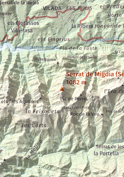 Mapa de relieve de Serrat de Migdia (Serrat de Picancel), 1082 m, Berguedà, lámina 100 Cims de Trobart. Detalle de la zona central. 21 × 30 cm.