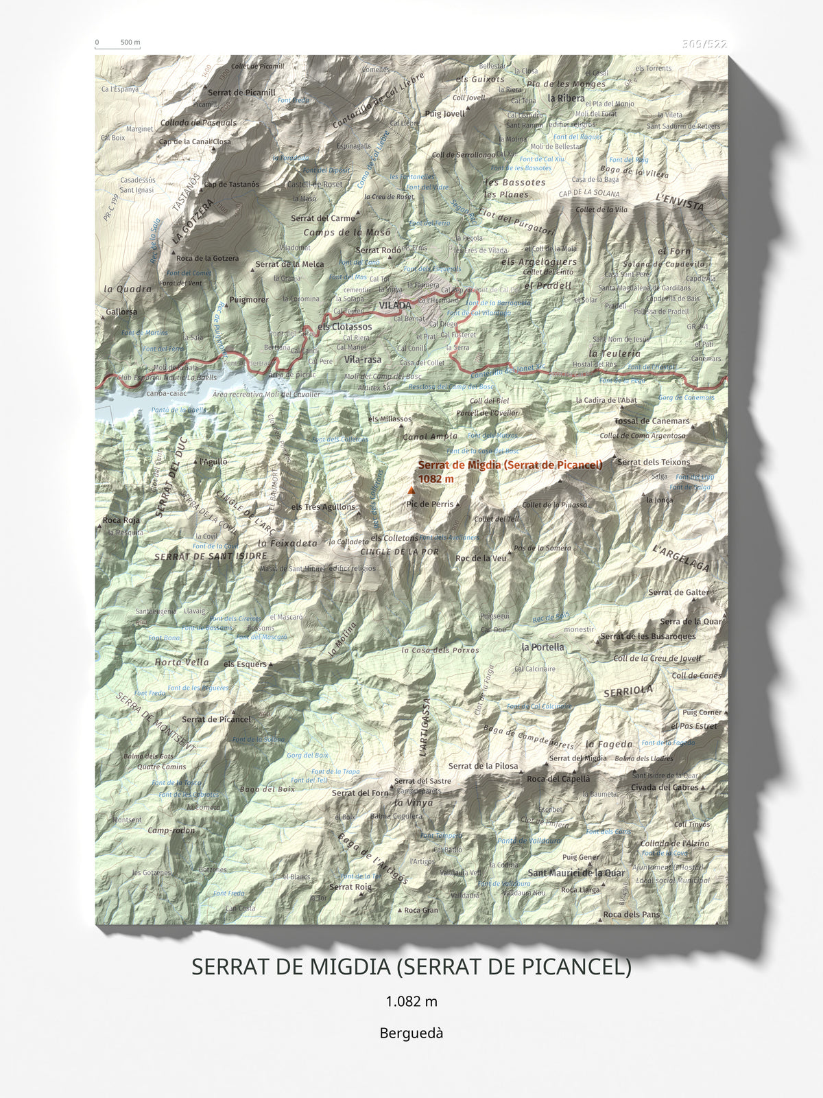 Mapa de relieve de Serrat de Migdia (Serrat de Picancel), 1082 m, Berguedà, lámina 100 Cims de Trobart 30 × 40 cm.
