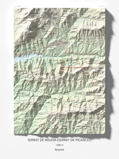 Mapa de relieve de Serrat de Migdia (Serrat de Picancel), 1082 m, Berguedà, lámina 100 Cims de Trobart 30 × 40 cm.