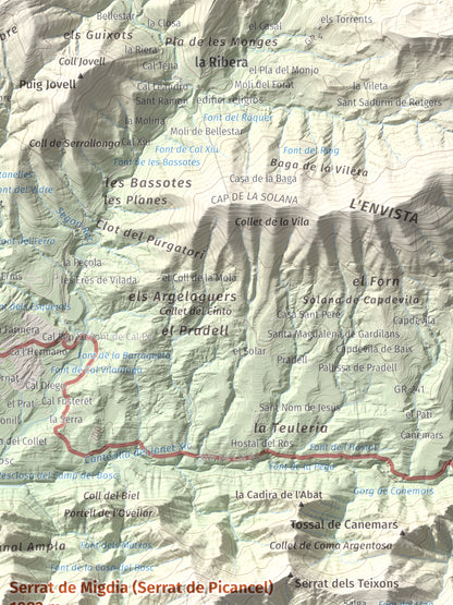 Mapa de relieve de Serrat de Migdia (Serrat de Picancel), 1082 m, Berguedà, lámina 100 Cims de Trobart. Detalle de la zona superior derecha. 30 × 40 cm.