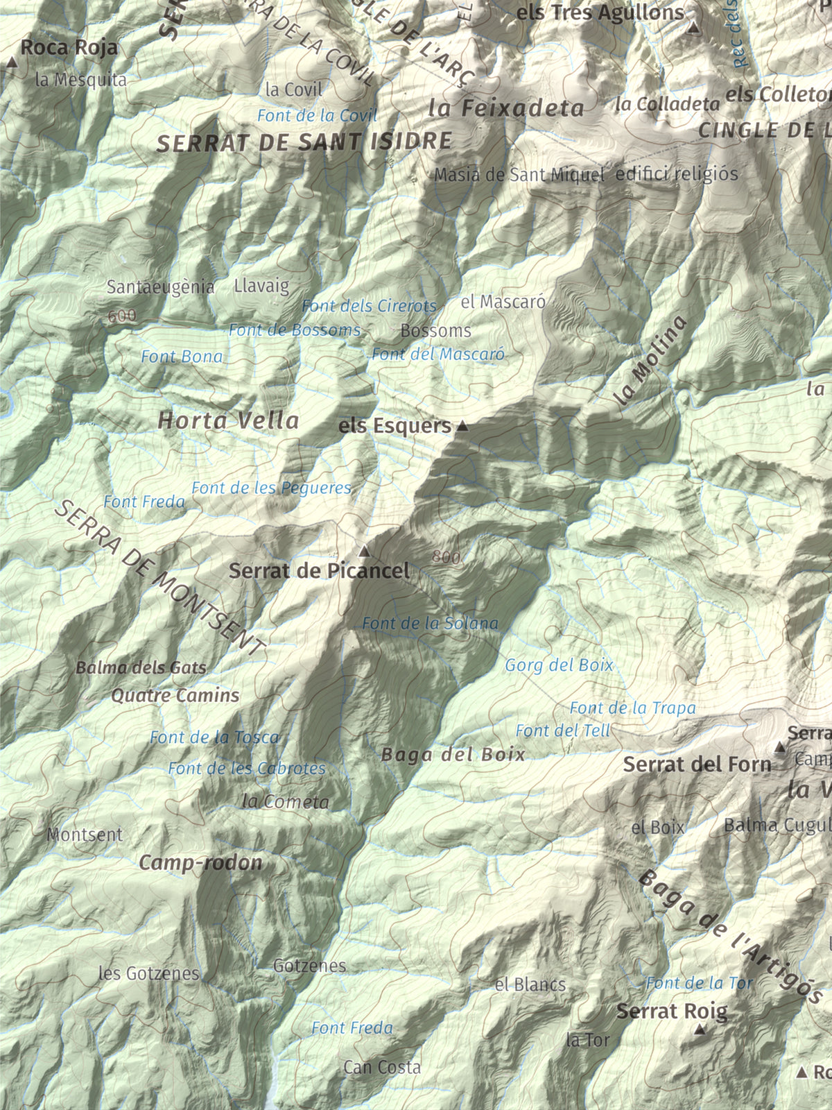 Mapa de relieve de Serrat de Migdia (Serrat de Picancel), 1082 m, Berguedà, lámina 100 Cims de Trobart. Detalle de la zona inferior izquierda. 30 × 40 cm.
