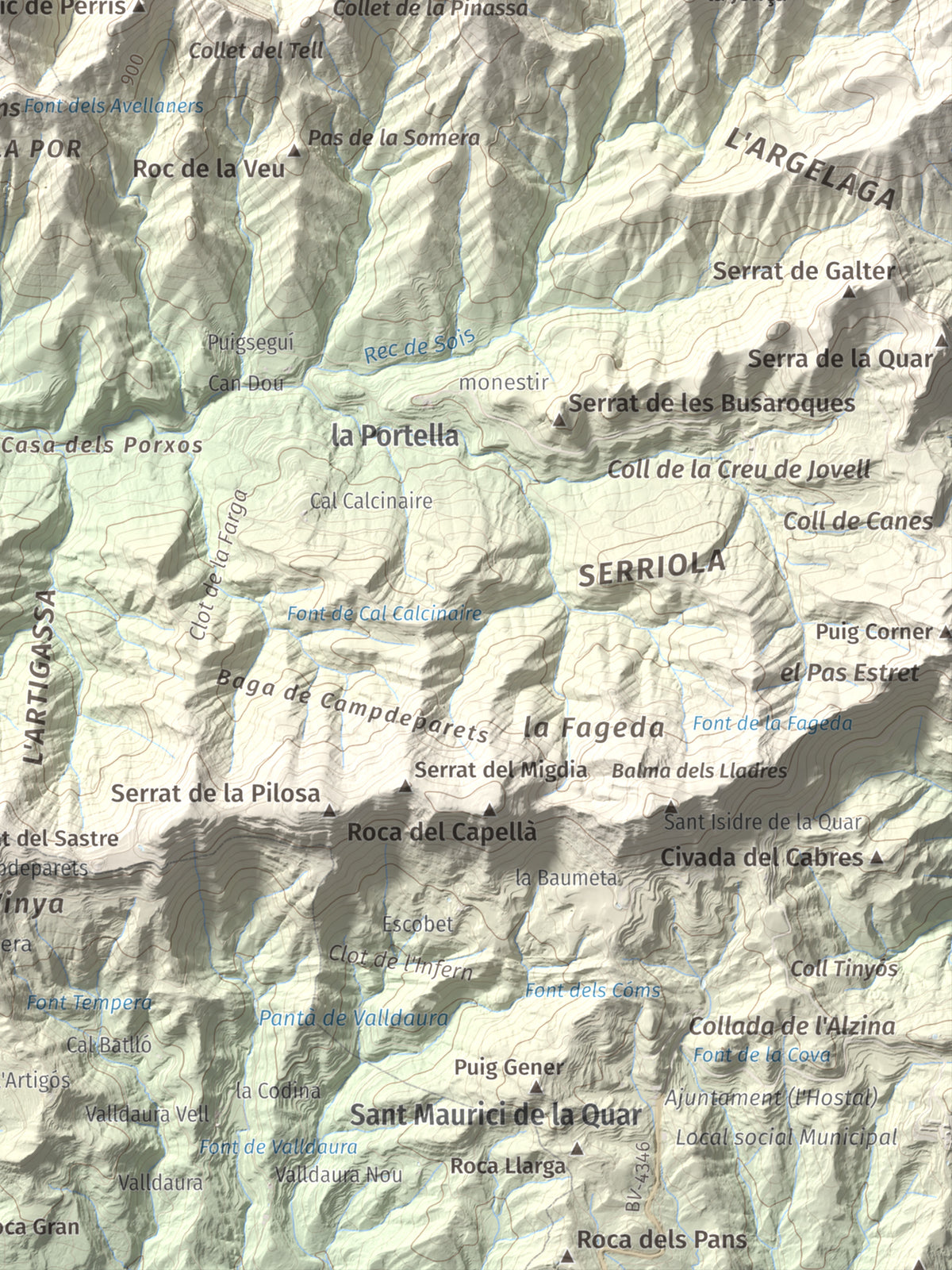 Mapa de relieve de Serrat de Migdia (Serrat de Picancel), 1082 m, Berguedà, lámina 100 Cims de Trobart. Detalle de la zona inferior derecha. 30 × 40 cm.