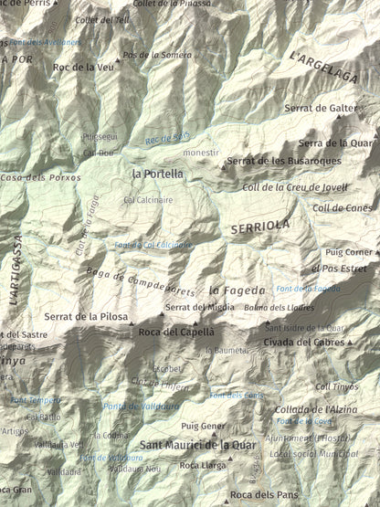 Mapa de relieve de Serrat de Migdia (Serrat de Picancel), 1082 m, Berguedà, lámina 100 Cims de Trobart. Detalle de la zona inferior derecha. 30 × 40 cm.