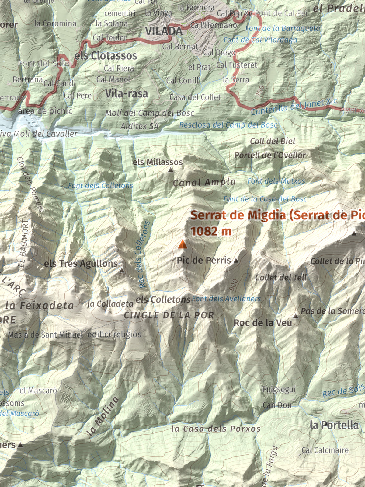 Mapa de relieve de Serrat de Migdia (Serrat de Picancel), 1082 m, Berguedà, lámina 100 Cims de Trobart. Detalle de la zona central. 30 × 40 cm.