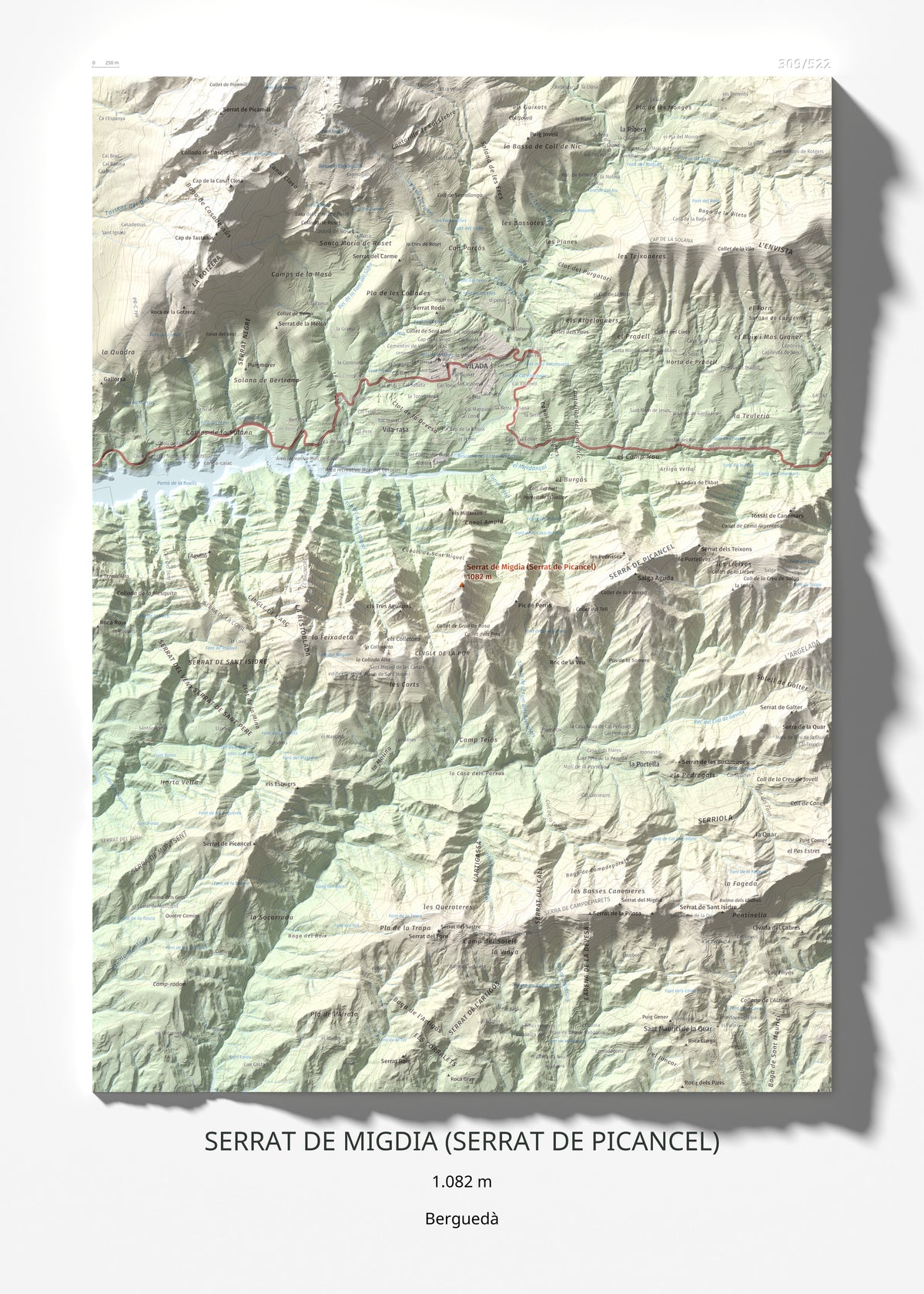Mapa de relieve de Serrat de Migdia (Serrat de Picancel), 1082 m, Berguedà, lámina 100 Cims de Trobart 50 × 70 cm.