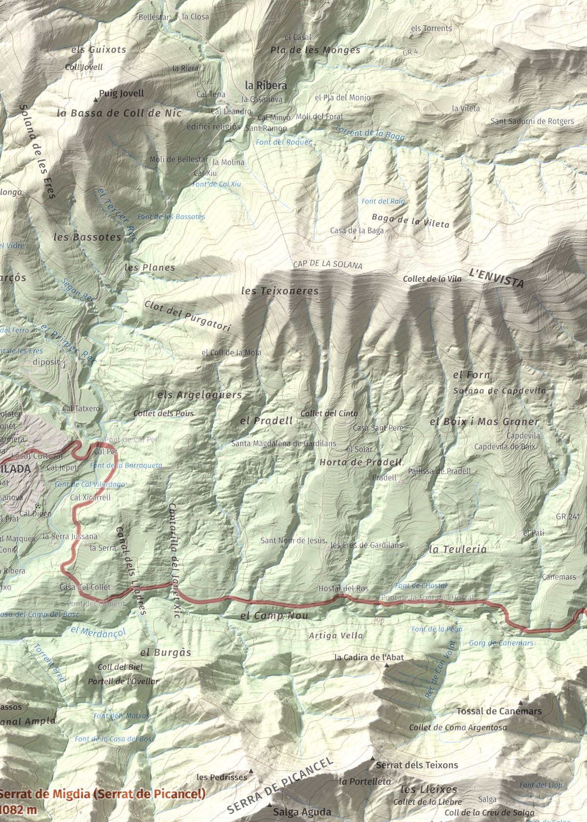 Mapa de relieve de Serrat de Migdia (Serrat de Picancel), 1082 m, Berguedà, lámina 100 Cims de Trobart. Detalle de la zona superior derecha. 50 × 70 cm.