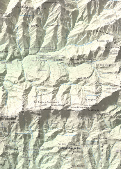 Mapa de relieve de Serrat de Migdia (Serrat de Picancel), 1082 m, Berguedà, lámina 100 Cims de Trobart. Detalle de la zona inferior derecha. 50 × 70 cm.
