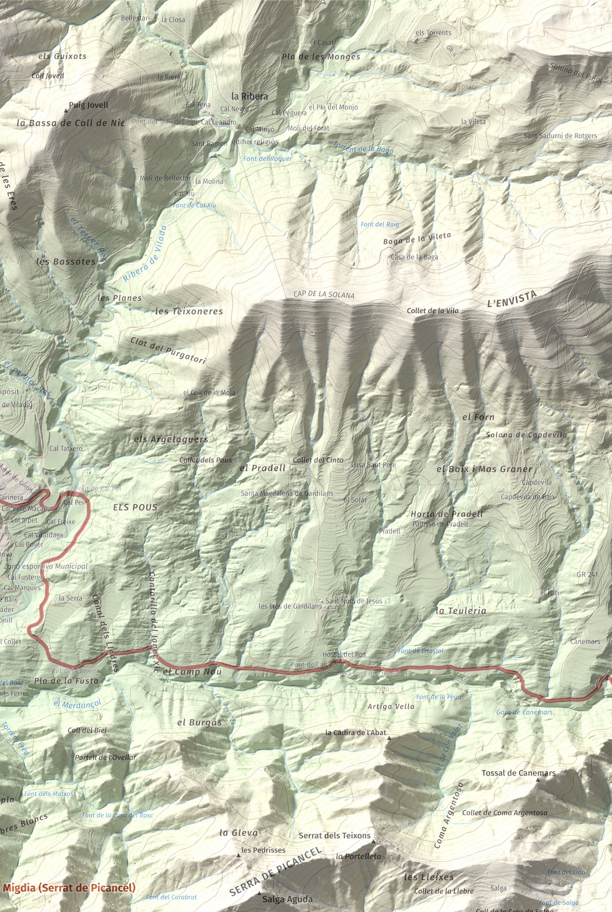 Mapa de relieve de Serrat de Migdia (Serrat de Picancel), 1082 m, Berguedà, lámina 100 Cims de Trobart. Detalle de la zona superior derecha. 61 × 91 cm.
