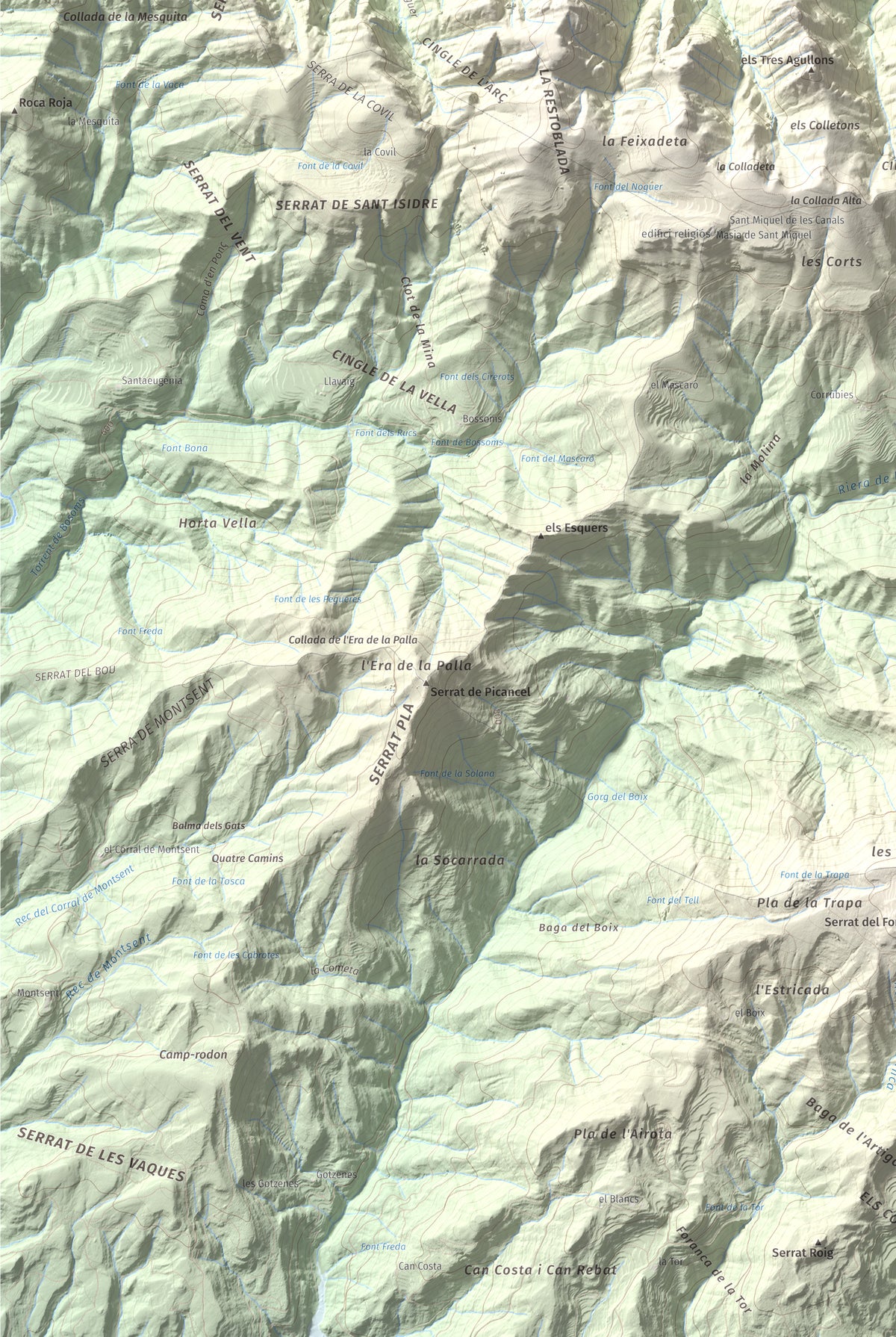 Mapa de relieve de Serrat de Migdia (Serrat de Picancel), 1082 m, Berguedà, lámina 100 Cims de Trobart. Detalle de la zona inferior izquierda. 61 × 91 cm.