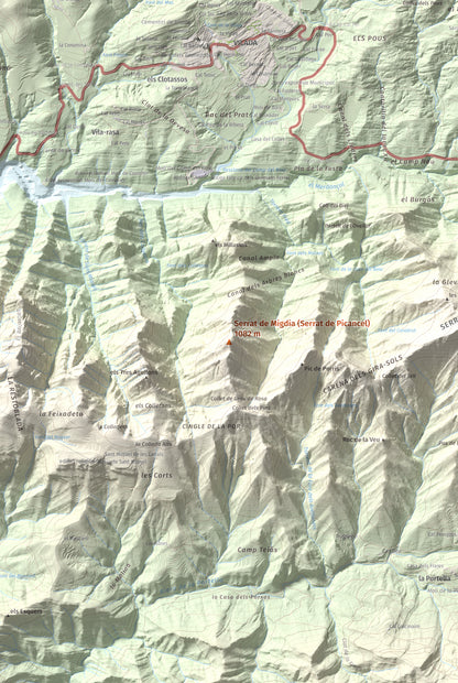 Mapa de relieve de Serrat de Migdia (Serrat de Picancel), 1082 m, Berguedà, lámina 100 Cims de Trobart. Detalle de la zona central. 61 × 91 cm.