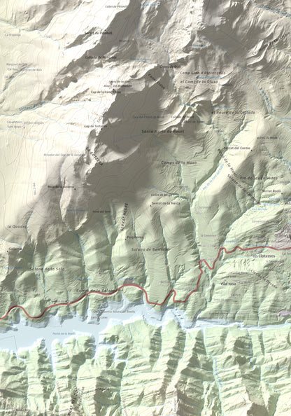 Mapa de relieve de Serrat de Migdia (Serrat de Picancel), 1082 m, Berguedà, lámina 100 Cims de Trobart. Detalle de la zona superior izquierda. 70 × 100 cm.