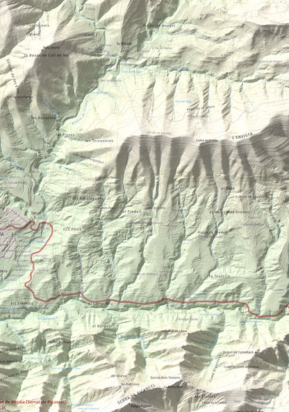 Mapa de relieve de Serrat de Migdia (Serrat de Picancel), 1082 m, Berguedà, lámina 100 Cims de Trobart. Detalle de la zona superior derecha. 70 × 100 cm.