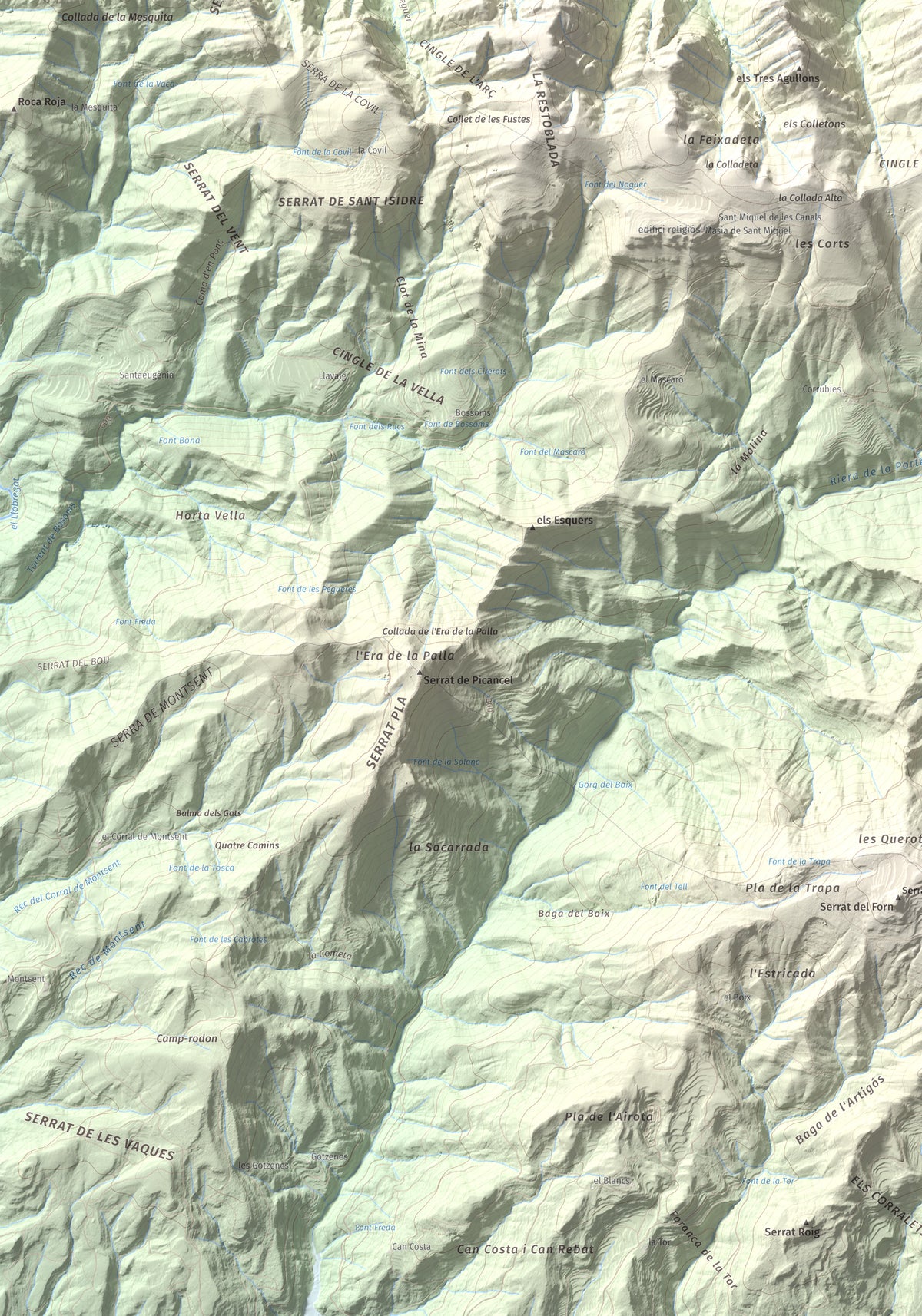 Mapa de relieve de Serrat de Migdia (Serrat de Picancel), 1082 m, Berguedà, lámina 100 Cims de Trobart. Detalle de la zona inferior izquierda. 70 × 100 cm.