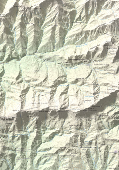 Mapa de relieve de Serrat de Migdia (Serrat de Picancel), 1082 m, Berguedà, lámina 100 Cims de Trobart. Detalle de la zona inferior derecha. 70 × 100 cm.
