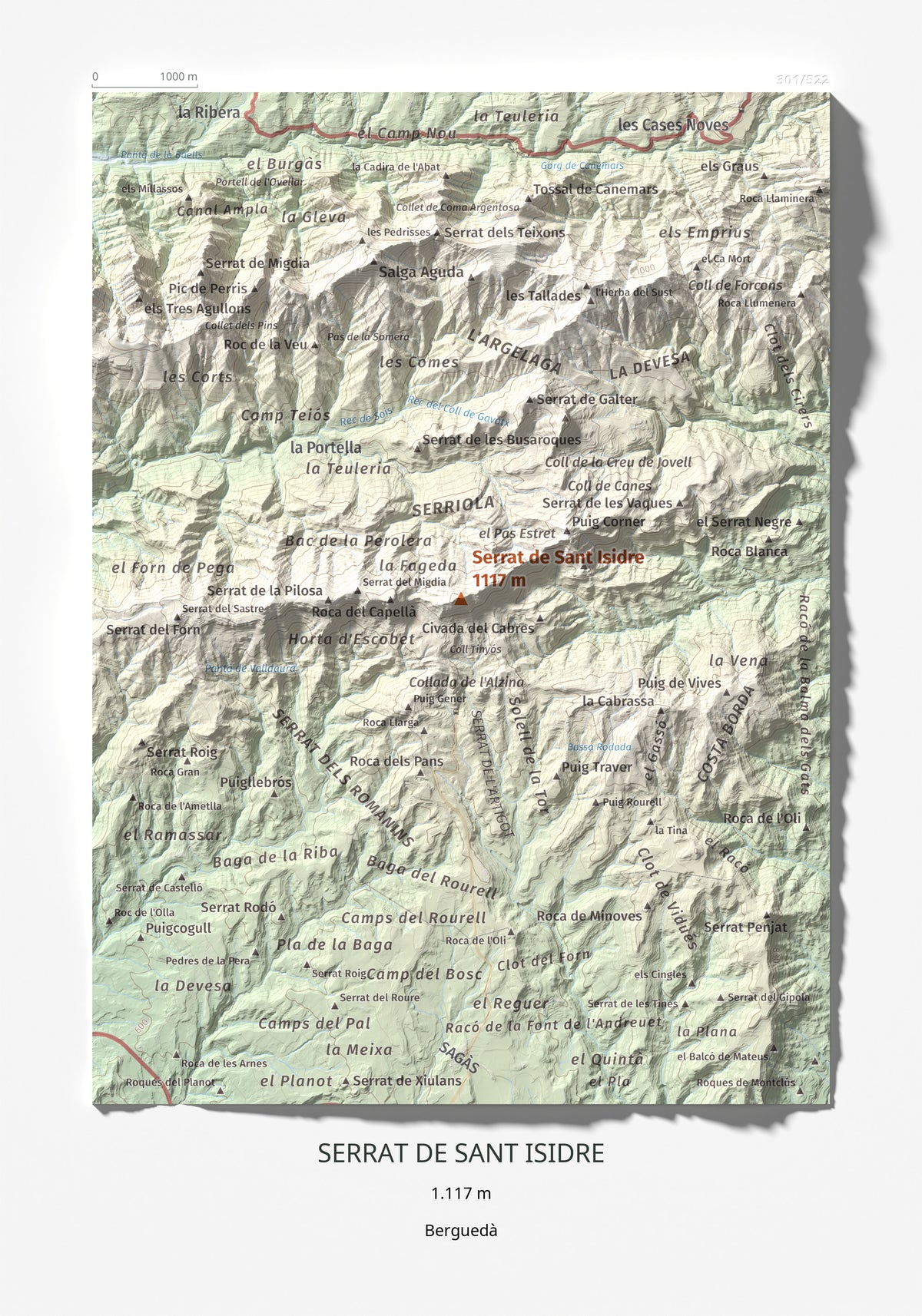 Mapa de relieve de Serrat de Sant Isidre, 1117 m, Berguedà, lámina 100 Cims de Trobart 21 × 30 cm.