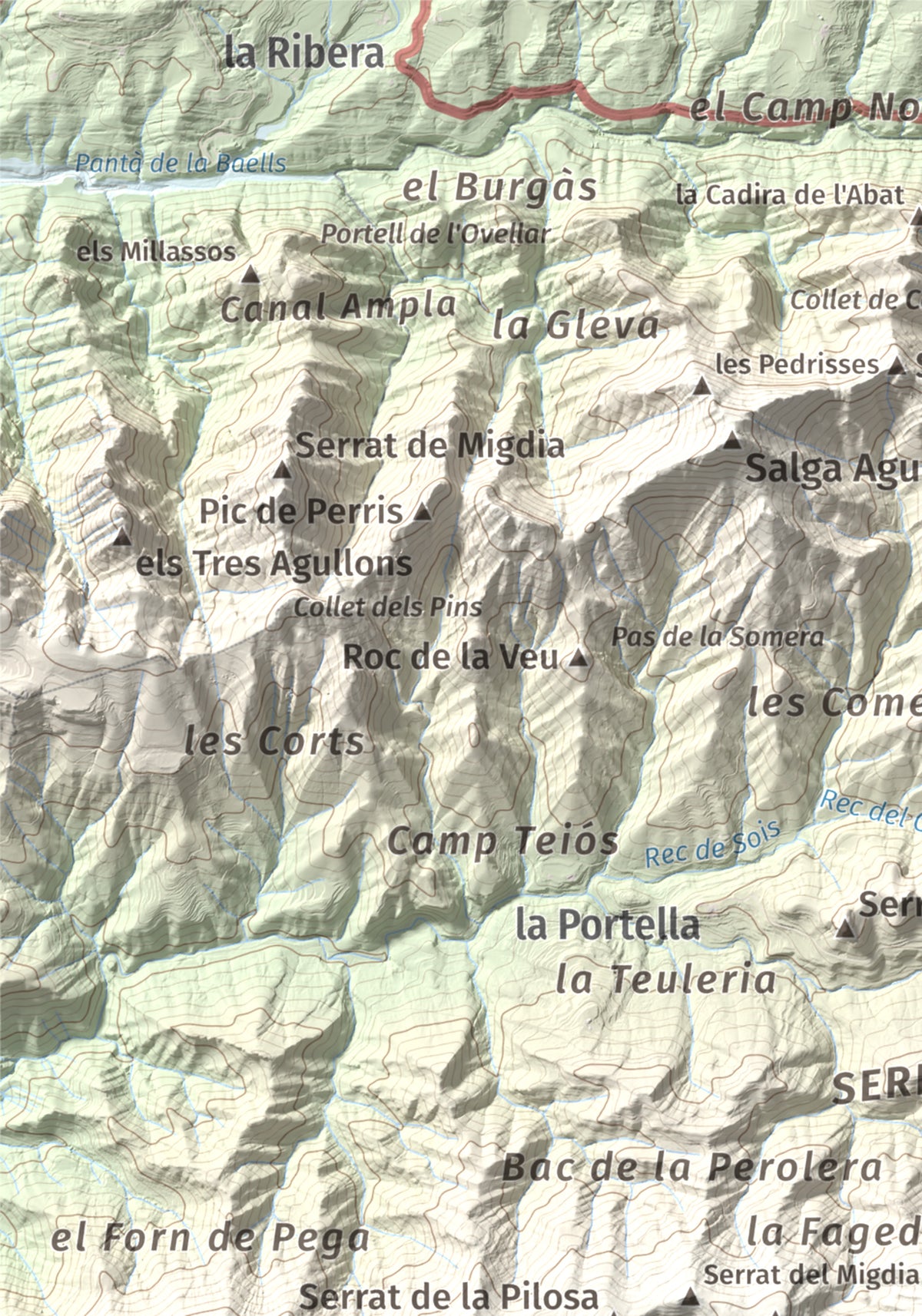 Mapa de relieve de Serrat de Sant Isidre, 1117 m, Berguedà, lámina 100 Cims de Trobart. Detalle de la zona superior izquierda. 21 × 30 cm.