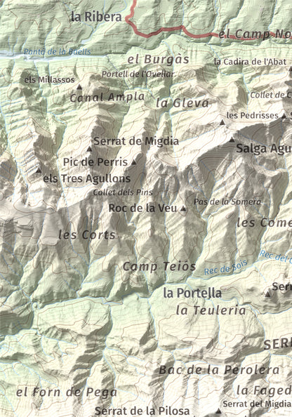 Mapa de relieve de Serrat de Sant Isidre, 1117 m, Berguedà, lámina 100 Cims de Trobart. Detalle de la zona superior izquierda. 21 × 30 cm.