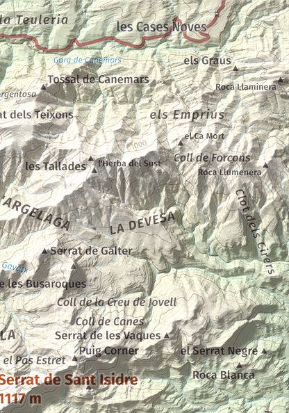 Mapa de relieve de Serrat de Sant Isidre, 1117 m, Berguedà, lámina 100 Cims de Trobart. Detalle de la zona superior derecha. 21 × 30 cm.