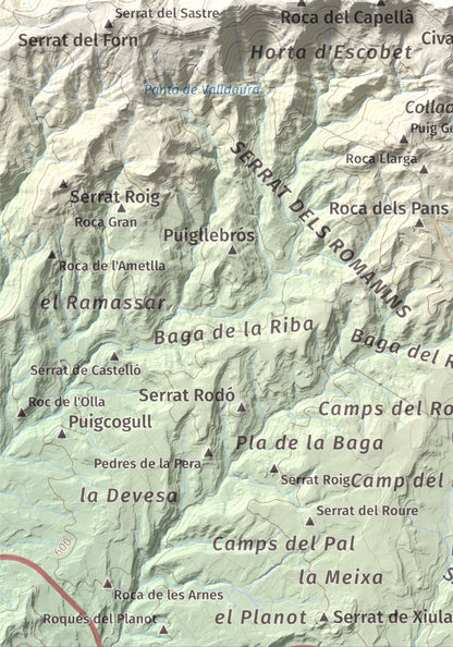 Mapa de relieve de Serrat de Sant Isidre, 1117 m, Berguedà, lámina 100 Cims de Trobart. Detalle de la zona inferior izquierda. 21 × 30 cm.