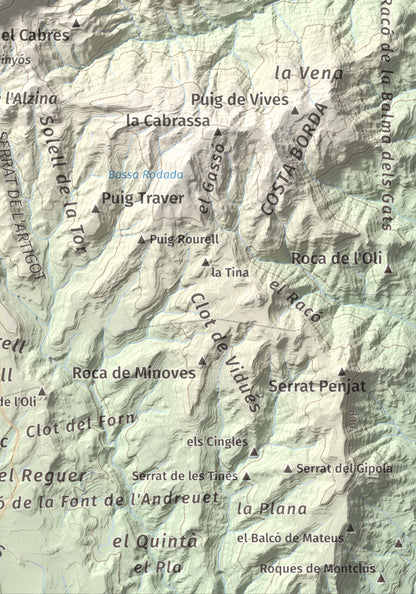 Mapa de relieve de Serrat de Sant Isidre, 1117 m, Berguedà, lámina 100 Cims de Trobart. Detalle de la zona inferior derecha. 21 × 30 cm.