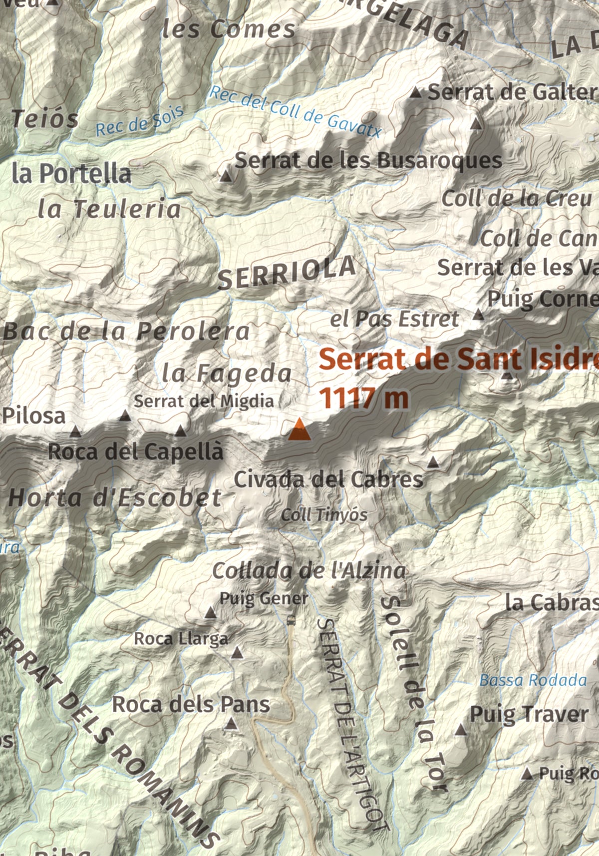 Mapa de relieve de Serrat de Sant Isidre, 1117 m, Berguedà, lámina 100 Cims de Trobart. Detalle de la zona central. 21 × 30 cm.