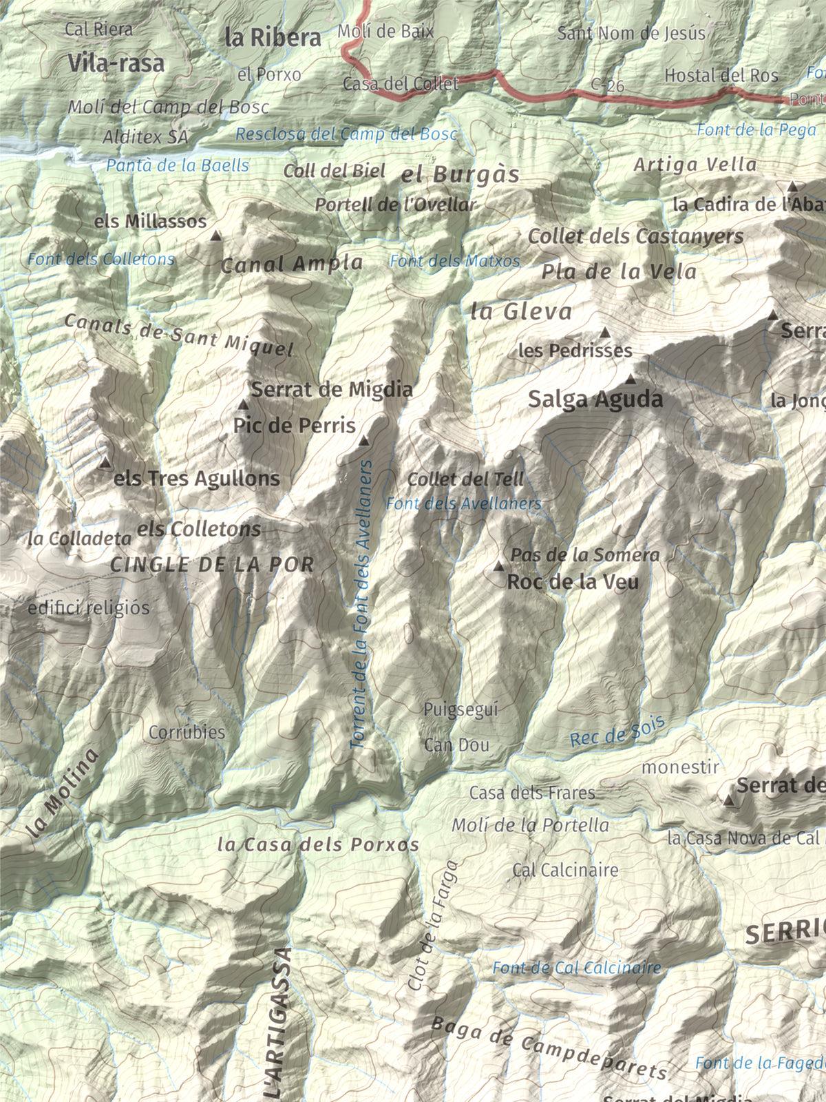 Mapa de relieve de Serrat de Sant Isidre, 1117 m, Berguedà, lámina 100 Cims de Trobart. Detalle de la zona superior izquierda. 30 × 40 cm.