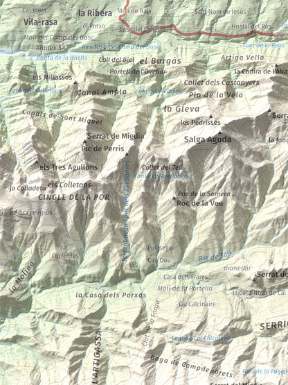 Mapa de relieve de Serrat de Sant Isidre, 1117 m, Berguedà, lámina 100 Cims de Trobart. Detalle de la zona superior izquierda. 30 × 40 cm.