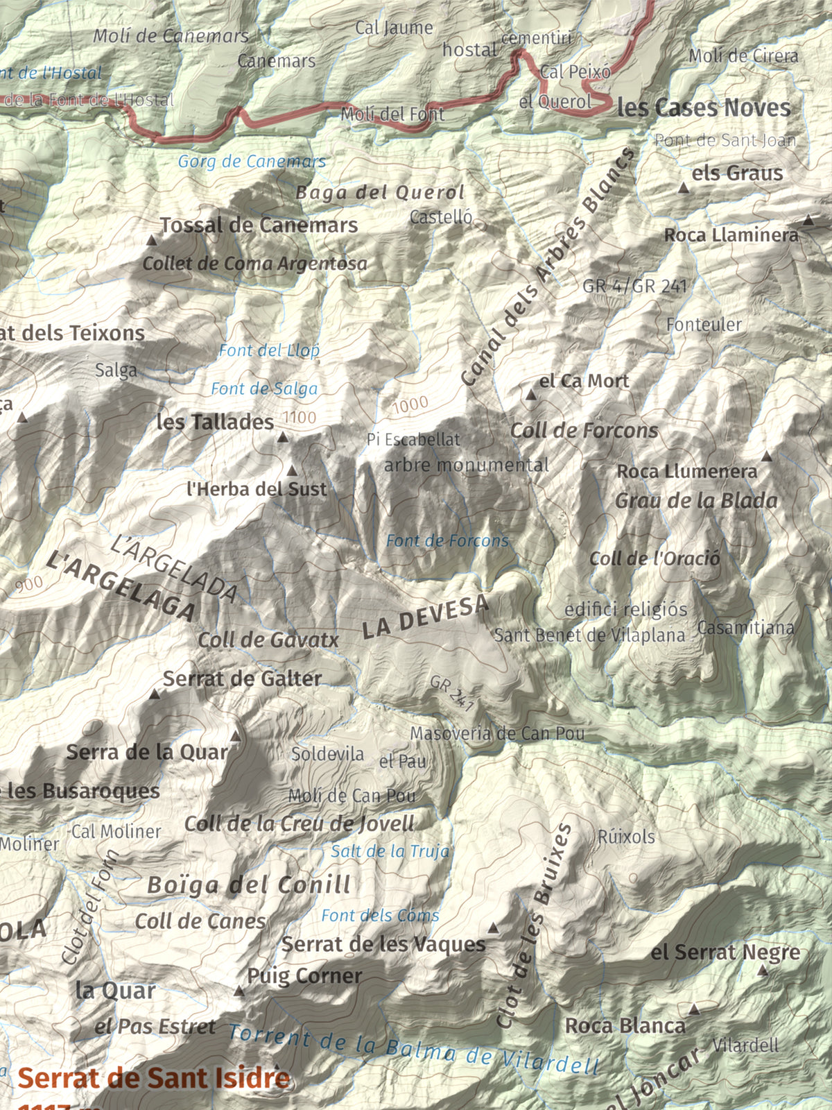 Mapa de relieve de Serrat de Sant Isidre, 1117 m, Berguedà, lámina 100 Cims de Trobart. Detalle de la zona superior derecha. 30 × 40 cm.