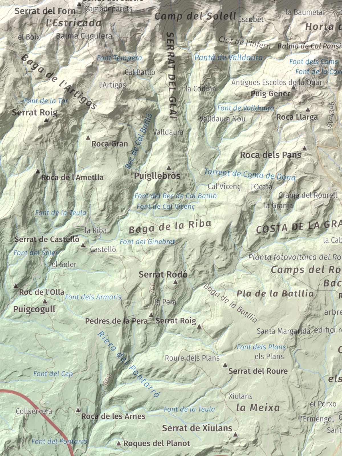 Mapa de relieve de Serrat de Sant Isidre, 1117 m, Berguedà, lámina 100 Cims de Trobart. Detalle de la zona inferior izquierda. 30 × 40 cm.
