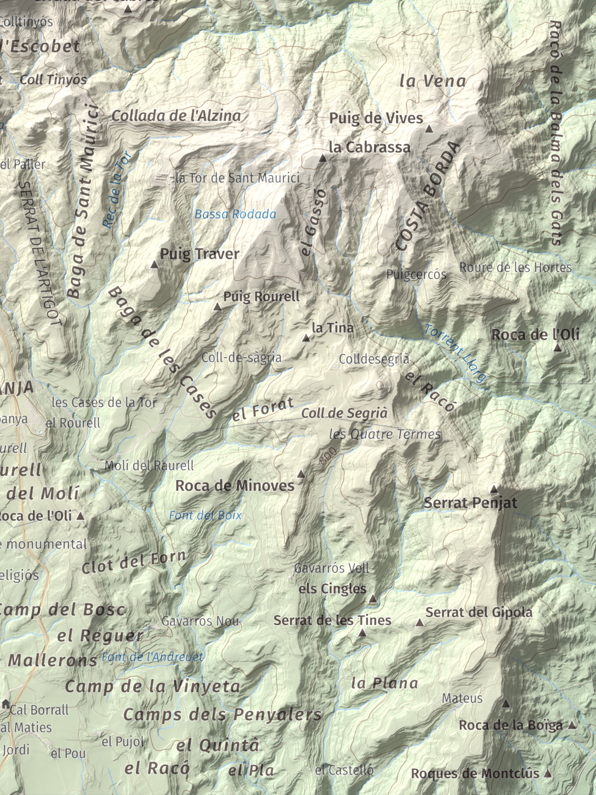 Mapa de relieve de Serrat de Sant Isidre, 1117 m, Berguedà, lámina 100 Cims de Trobart. Detalle de la zona inferior derecha. 30 × 40 cm.