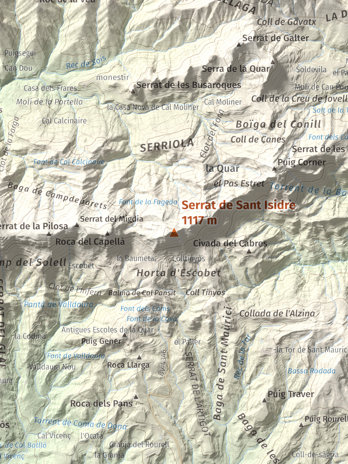 Mapa de relieve de Serrat de Sant Isidre, 1117 m, Berguedà, lámina 100 Cims de Trobart. Detalle de la zona central. 30 × 40 cm.
