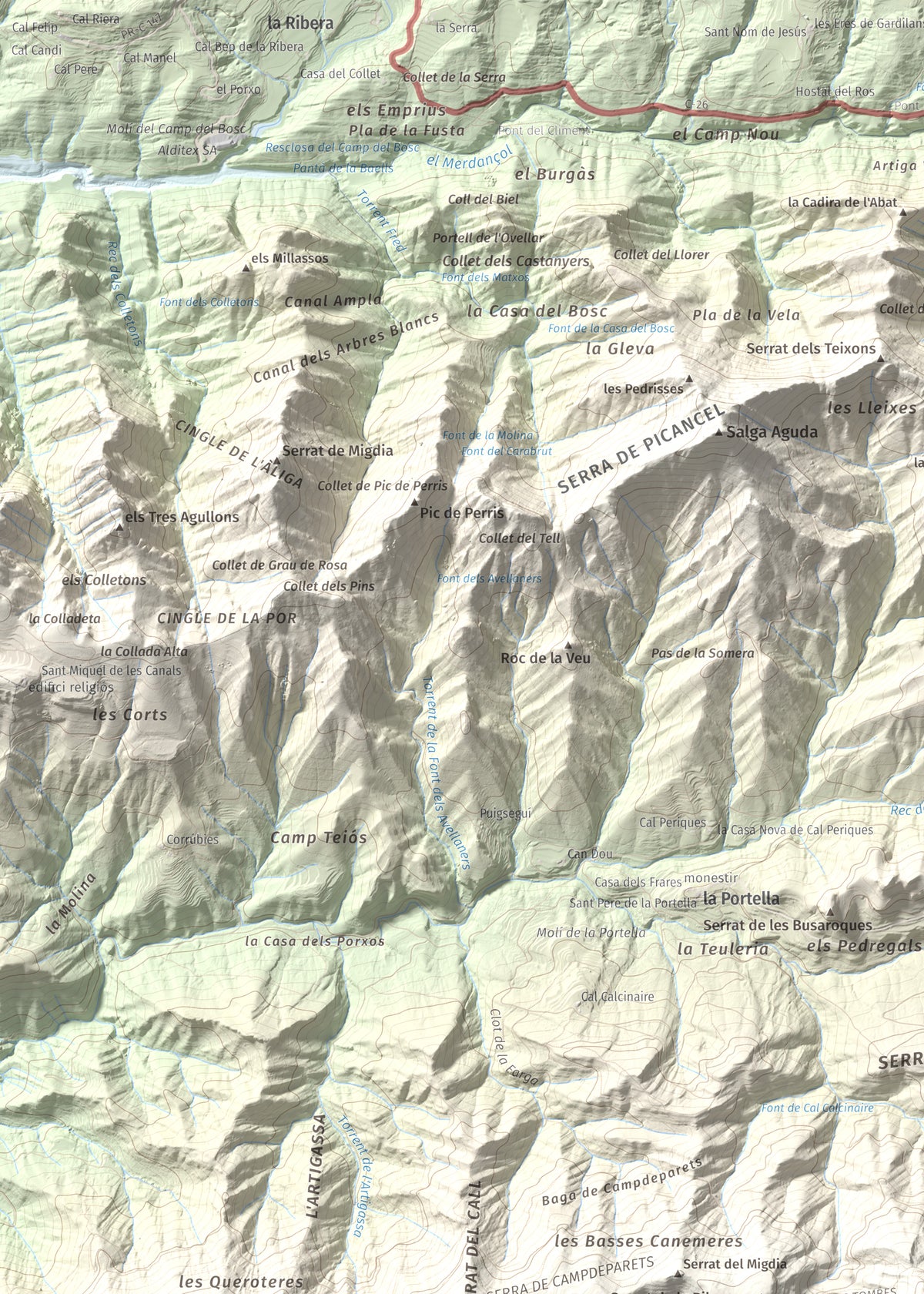 Mapa de relieve de Serrat de Sant Isidre, 1117 m, Berguedà, lámina 100 Cims de Trobart. Detalle de la zona superior izquierda. 50 × 70 cm.