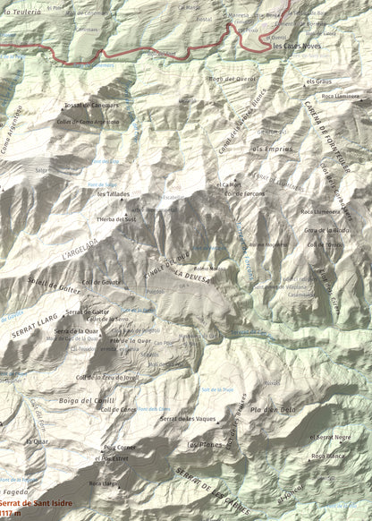 Mapa de relieve de Serrat de Sant Isidre, 1117 m, Berguedà, lámina 100 Cims de Trobart. Detalle de la zona superior derecha. 50 × 70 cm.