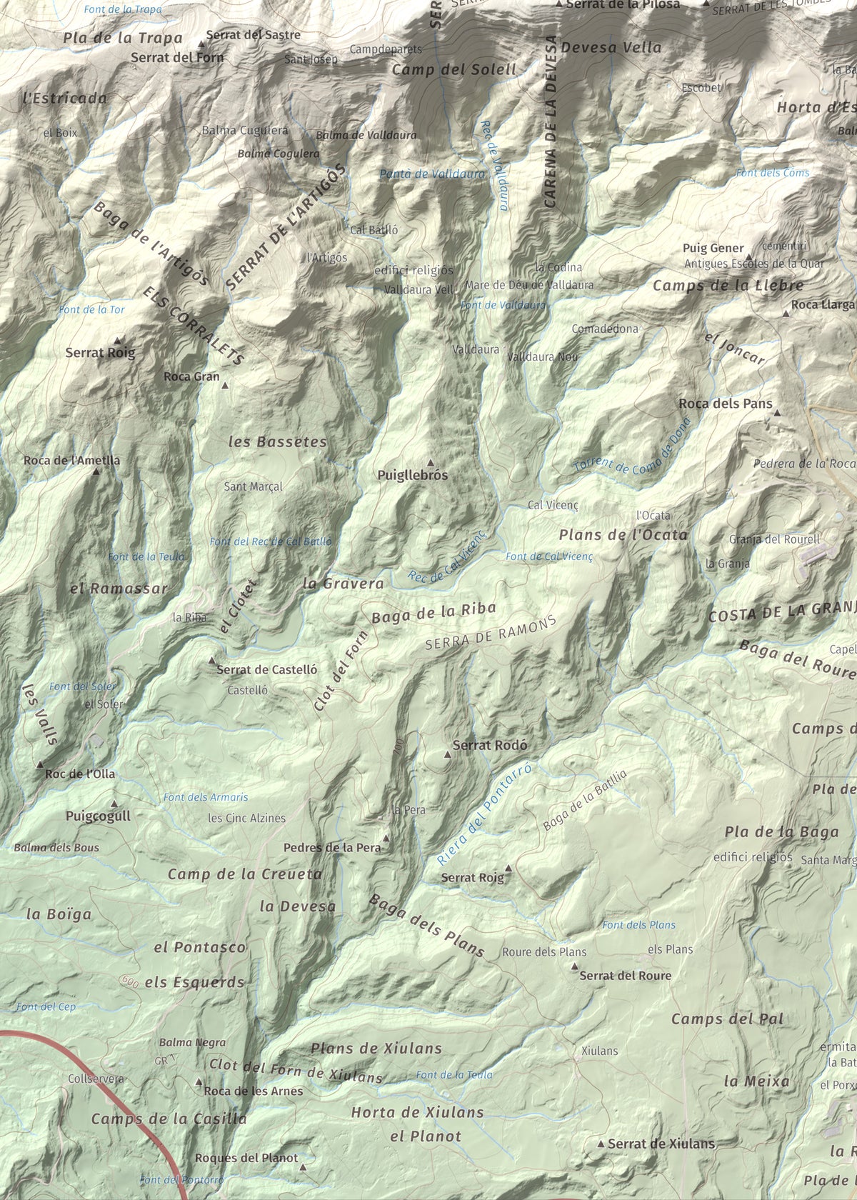 Mapa de relieve de Serrat de Sant Isidre, 1117 m, Berguedà, lámina 100 Cims de Trobart. Detalle de la zona inferior izquierda. 50 × 70 cm.