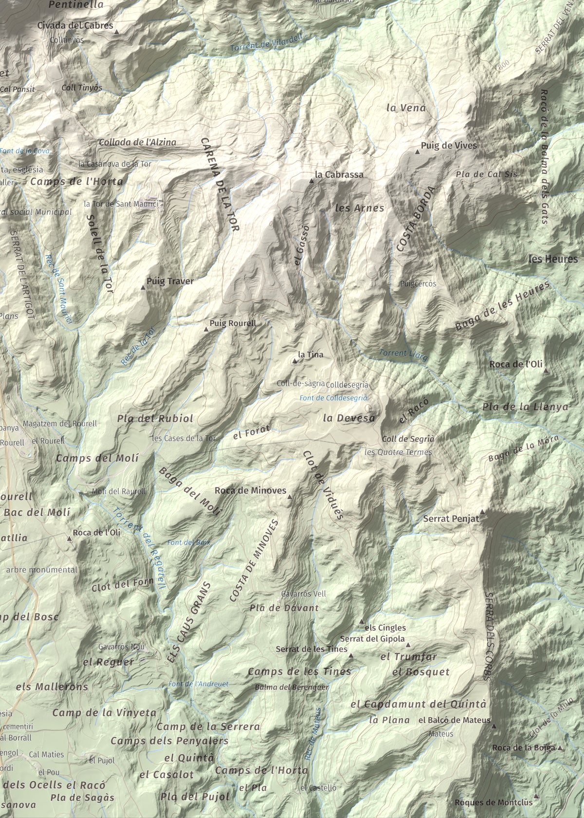 Mapa de relieve de Serrat de Sant Isidre, 1117 m, Berguedà, lámina 100 Cims de Trobart. Detalle de la zona inferior derecha. 50 × 70 cm.