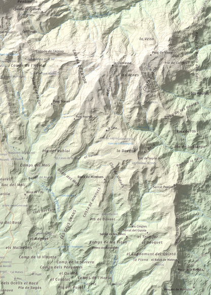 Mapa de relieve de Serrat de Sant Isidre, 1117 m, Berguedà, lámina 100 Cims de Trobart. Detalle de la zona inferior derecha. 50 × 70 cm.